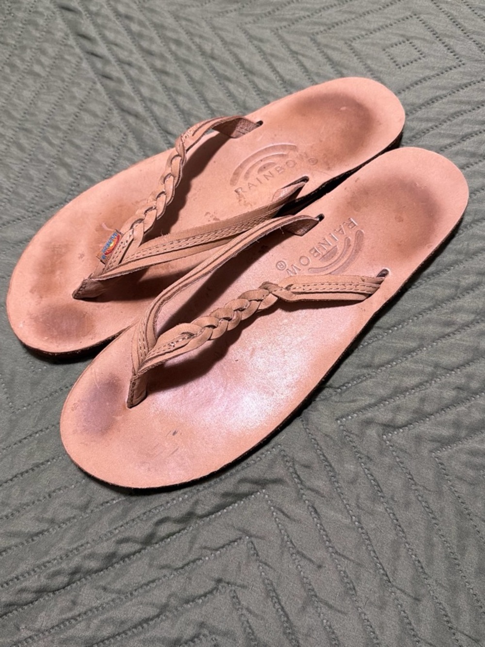 Rainbow Women's Braided Leather Flip Flops in Light Tan